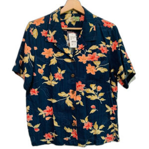 Tahiti Reef Club Hawaiian Floral Womens Shirt- Navy and Orange size P Large